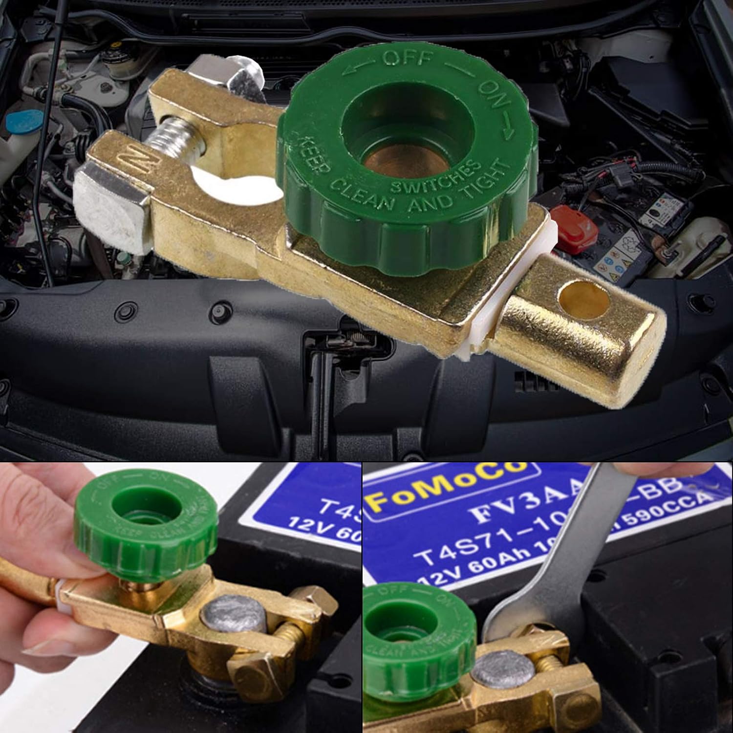 Universal Battery Master Disconnect Switch Battery Terminal Link Switch Isolator with Green Knob 12V or 24V Car Truck Boat Vehicle