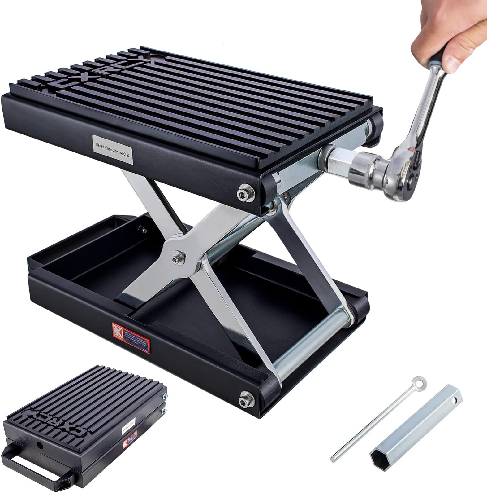Pyle Motorcycle Scissor Jack Lift with Dolly - Portable EZ Bike Rack, Front Rear Center Tire Wheel Engine Stand with Wheels - Low Profile Manual Flat Floor Hoist Table for Cruiser, Dirt Bikes - PLMOTJC11