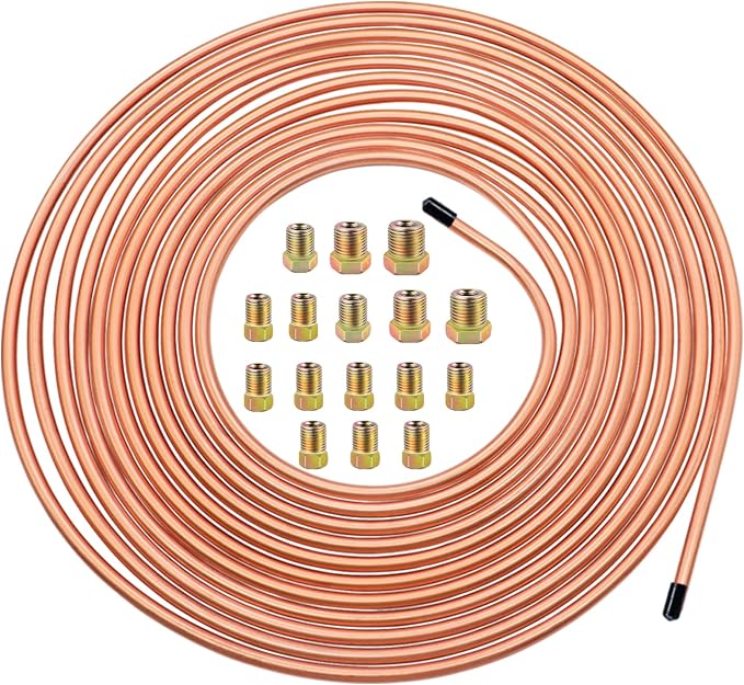 Tnisesm 3/16" 25 Ft Brake Line Tubing Kit, 3/16 Copper Coated Flexible Tube (Includes 16 Inverted Flare Fittings)