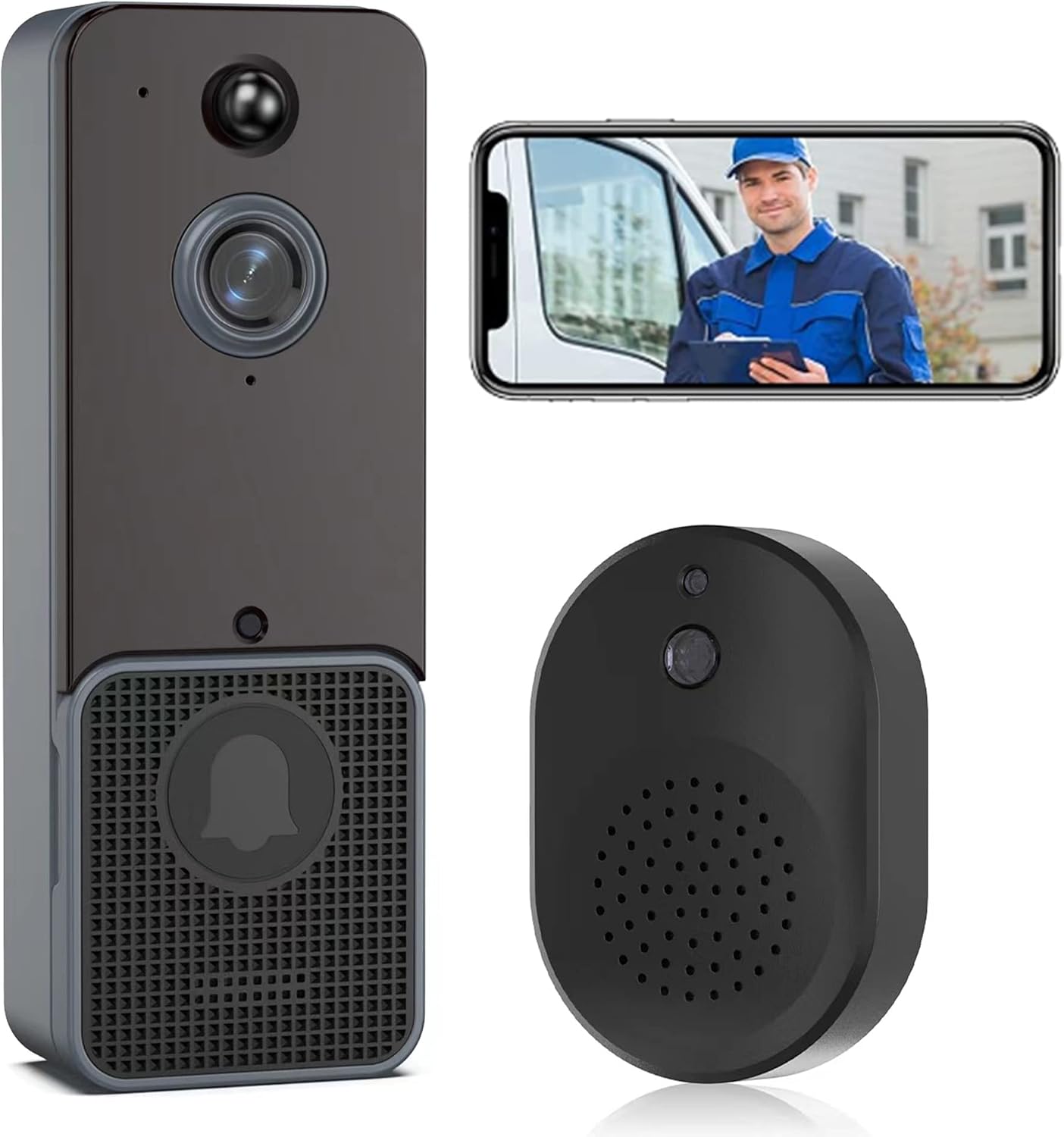 WiFi Video Doorbell, Smart Wireless Doorbell with Indoor Chime ,Real-time Two-Way Talk Intercom Visible Doorphone, HD Night Vision Security Camera support Anti-Theft PIR Motion,Free Cloud Storage(Ship without Battery)