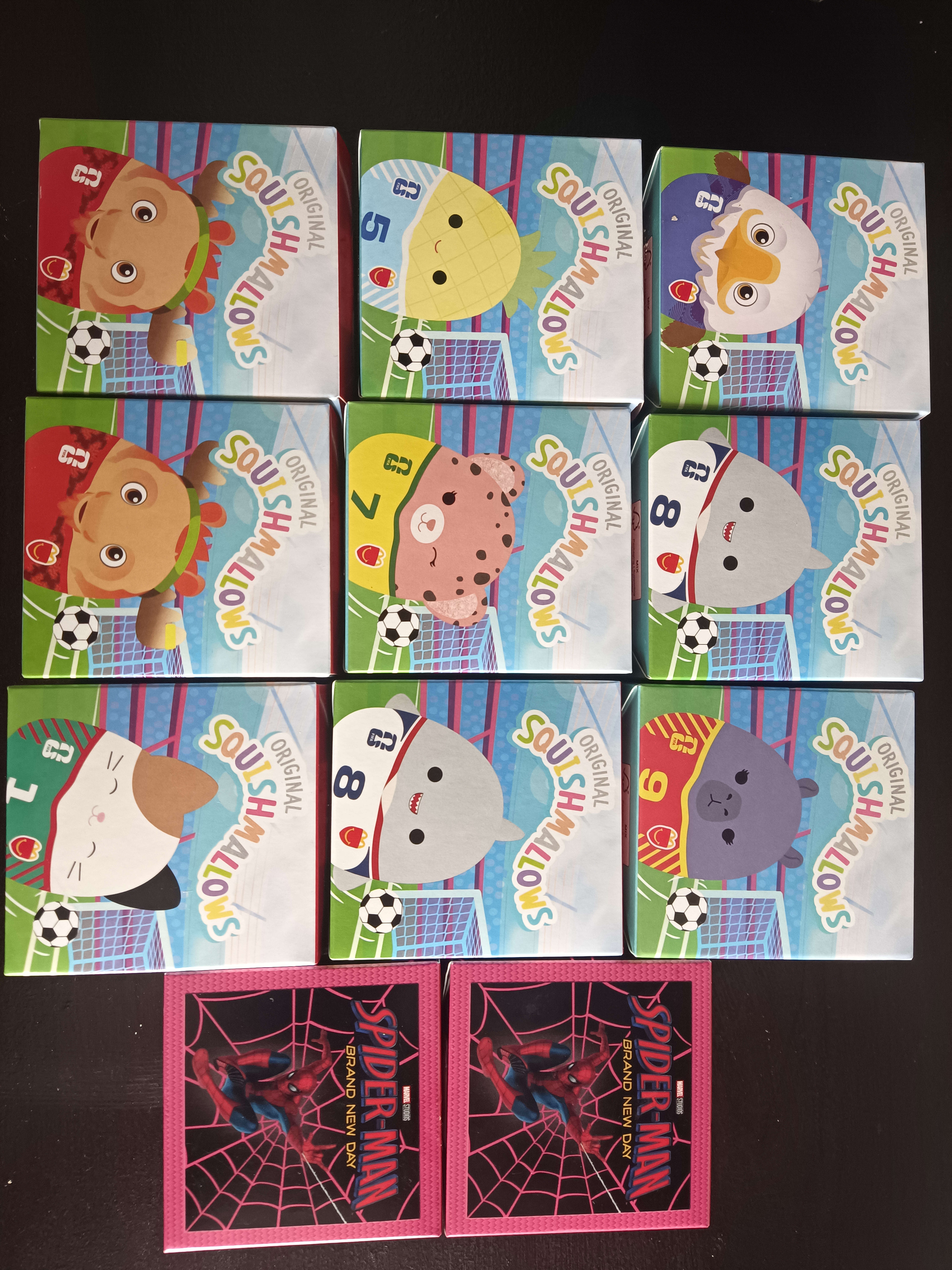 Lot of 11 Sealed Happy Meal Toys: 9 FIFA World Cup 26 Squishmallows + 2 Spider-Man Brand New Day