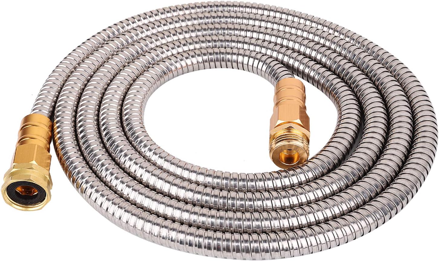 VERAGREEN Stainless Steel Metal Garden Hose 304 Stainless Steel Water Hose with Solid Metal Fittings and Newest Spray Nozzle, Lightweight, Kink Free, Durable and Easy to Store (100FT)