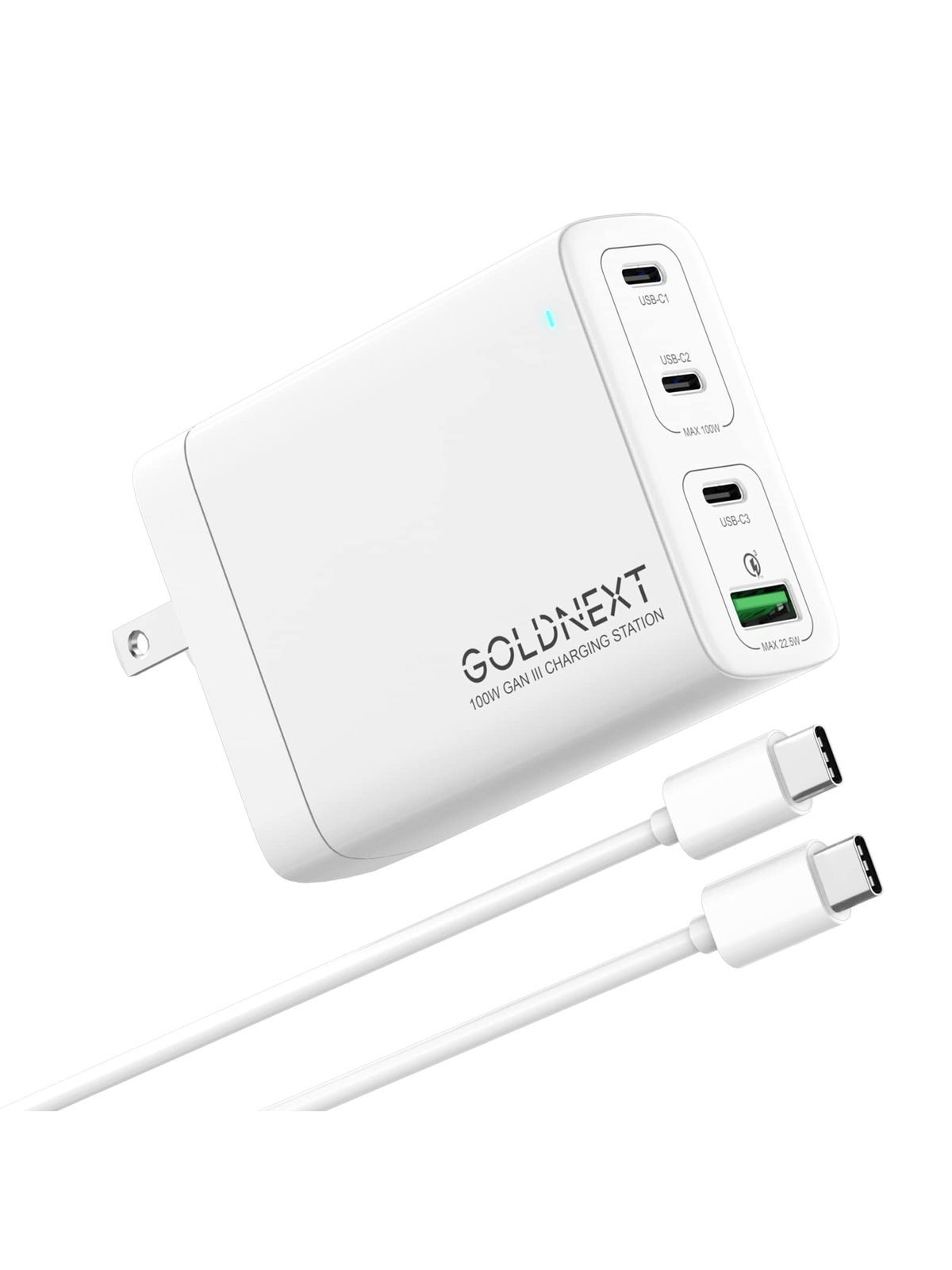 100W USB C Charger,GOLDNEXT 4-Port PD GaN3 Multiport Wall Charger Block,PPS Fast Foldable Power Adapter with 4FT Cable for MacBook Pro/Air,Laptop,Dell XPS,iPad,iPhone14 Pro Max,Galaxy,Pixel,Steam Deck