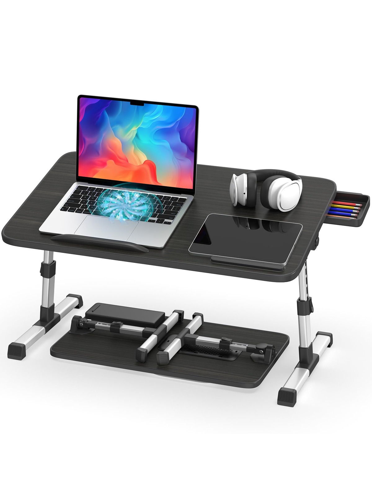 Folding Laptop Stand Desk 23.2" Adjustable Laptop Stand for Bed Foldable Laptop Table Portable with Cooling & Fan Mouse Pad Sofa Couch Tray for Tablet Notebook MacBook