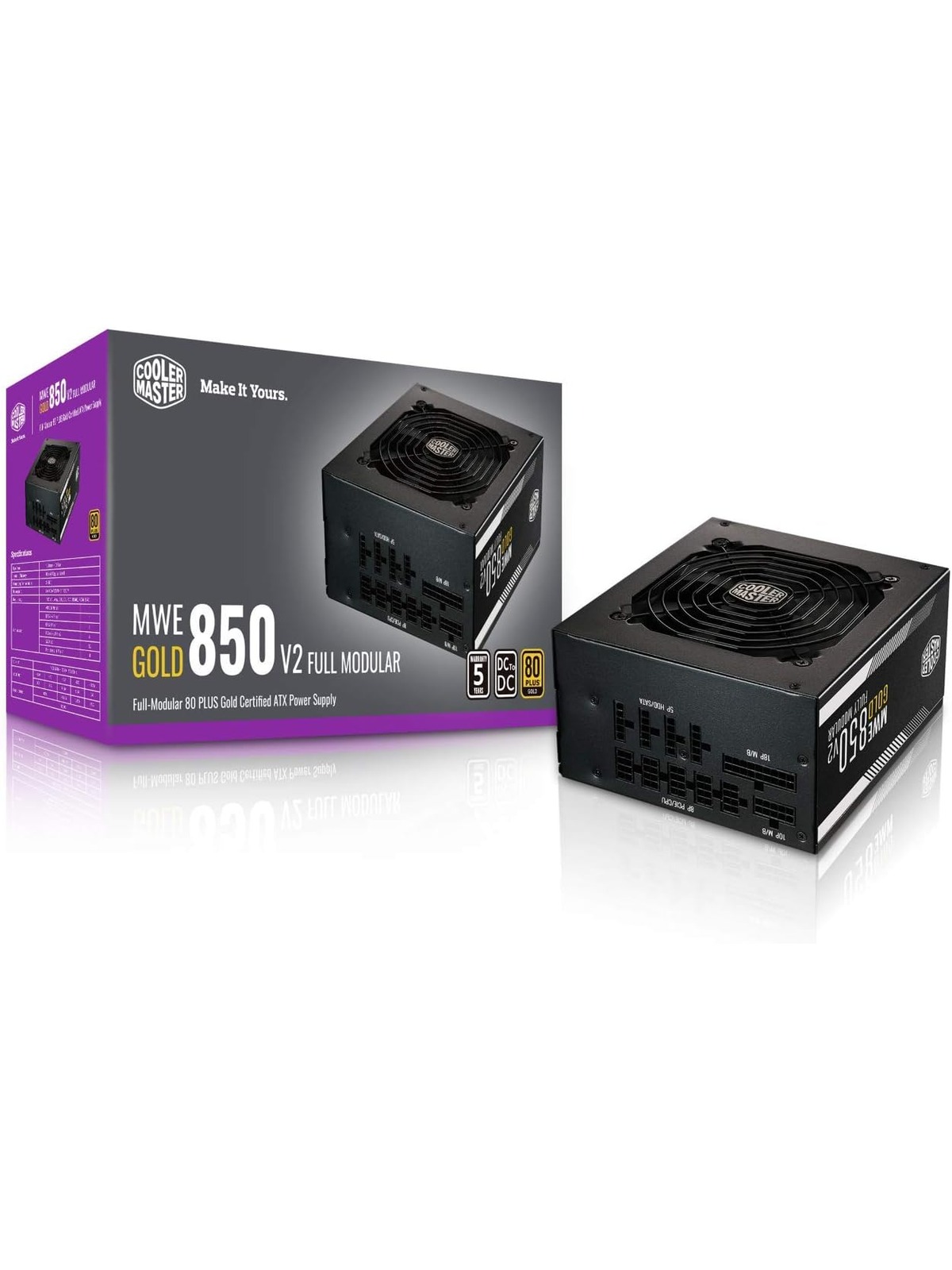 Cooler Master MWE Gold 850 V2 Fully Modular, 850W, 80+ Gold Efficiency, Quiet HDB Fan, 2 EPS Connectors, High Temperature Resilience, 5 Year Warranty, Gold v2