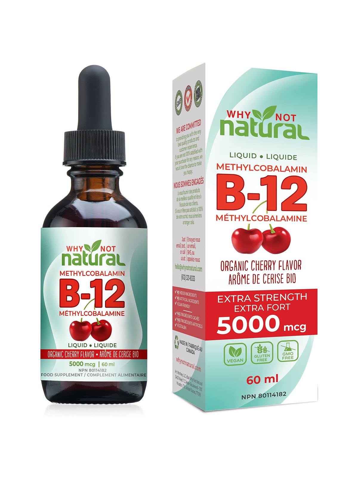 Organic Vitamin B12 Liquid - Sublingual Extra Strength 60 x 5000 mcg Drops, Methylcobalamin, Natural Cherry Flavor, Vegan, Maximize Absorption and Energy