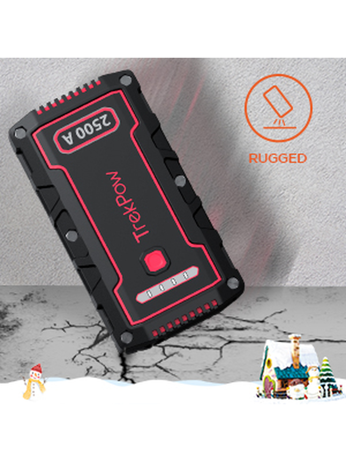 Car Jump Starter, TrekPow TJ2500 2500A Peak 18000mAh 12V Auto Battery Booster (Engines up to 9.0L Gas/8.0L Diesel) with UltraSafe Smart Clamps, IP68 Waterproof, QC3.0, Type-C Input, LED Flashlight