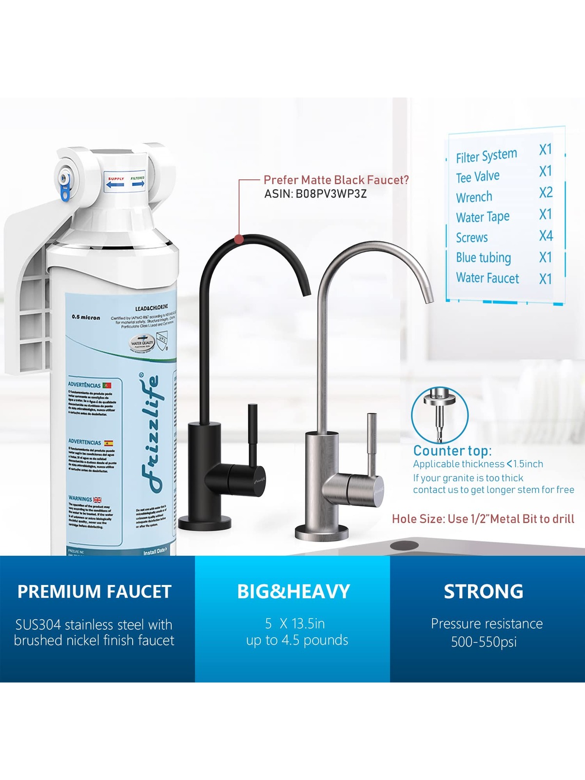 Frizzlife TW10 Under Sink Water Filter System, NSF/ANSI 53&42 Certified Elements, Reduce 99.99% Lead, Chlorine, Chloramine, Fluoride, Bad Taste & Odor, Direct Connect, 0.5 Micron, USA Tech Support