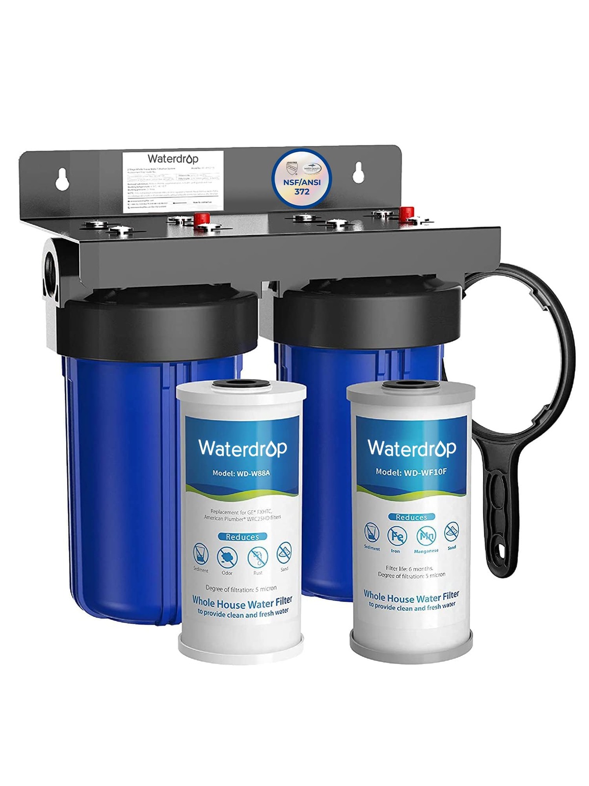 Waterdrop Whole House Water Filter System, Reduce Iron & Manganese, with Carbon and Sediment Filters, 5-Stage Filtration, Reduce Iron, Lead, Chlorine, Odor, 2-Stage WD-WHF21-FG, 1" Inlet/Outlet