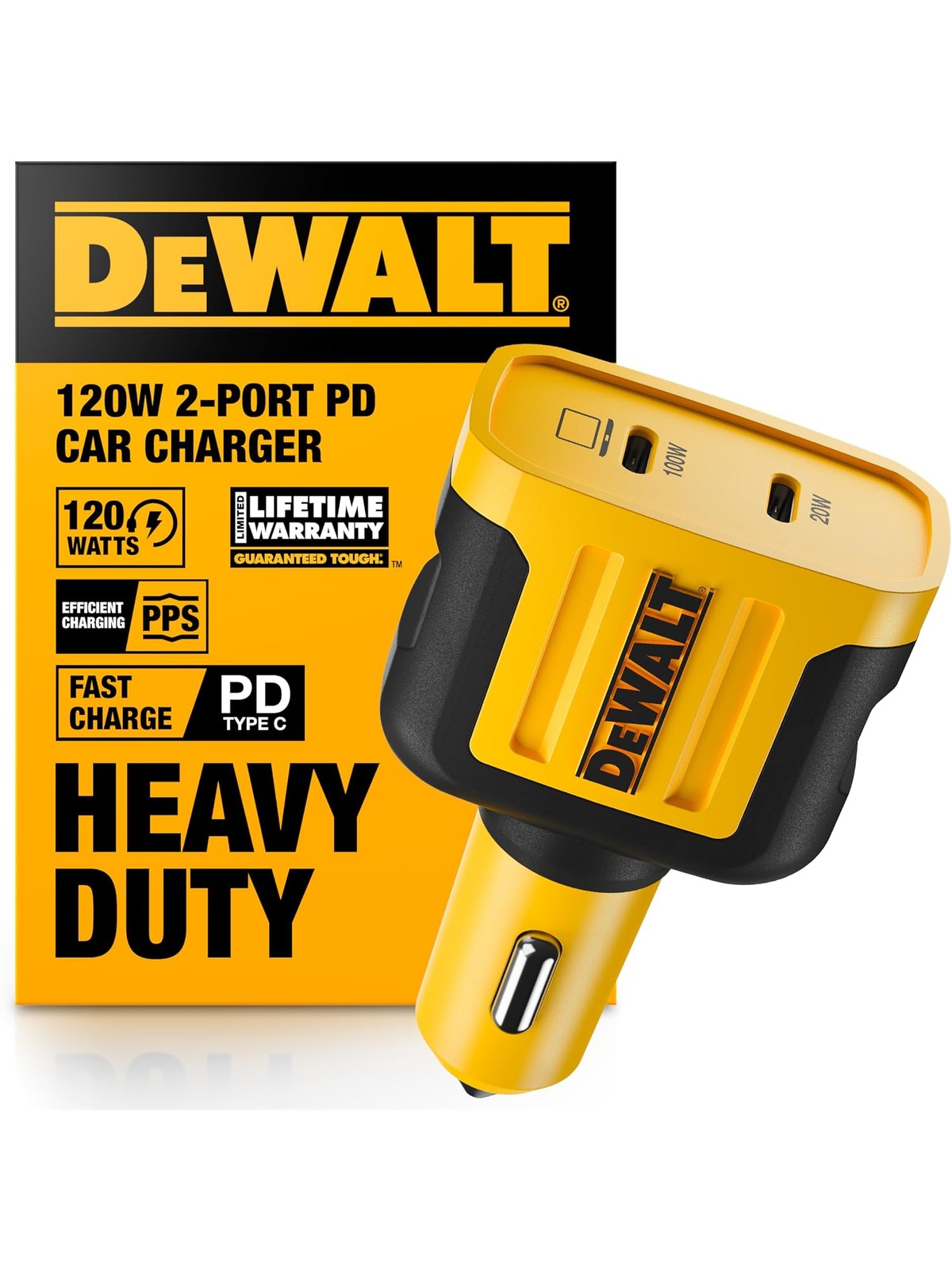 DEWALT USB C Car Charger, 120W 2-Port PD 3.0 Type C Adapter, PPS Fast Charging with Power Delivery for iPhone 15 14 13 12 11 X XS Pro Max Mini, Galaxy S22/S20/S10, Pixel, iPad/iPad Mini, and More