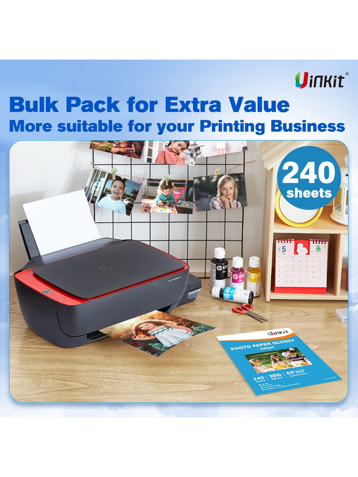 Uinkit Thin Inkjet Glossy Photo Paper Bulk 240 Sheets 8.5x11 Inches 36LB for Custom Chip Bags and Print Brochure Flyer