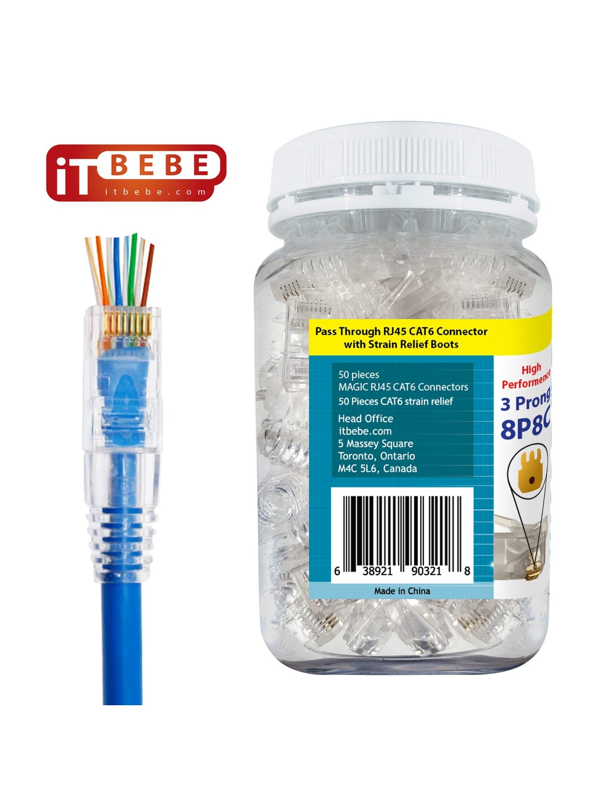 ITBEBE Gold-Plated Pass Through RJ45 Cat6 3-Prong Connectors and Cable Strain Relief 50/50 Kit for Clean, Snag-Free Patch Cords (100 Pieces Total)