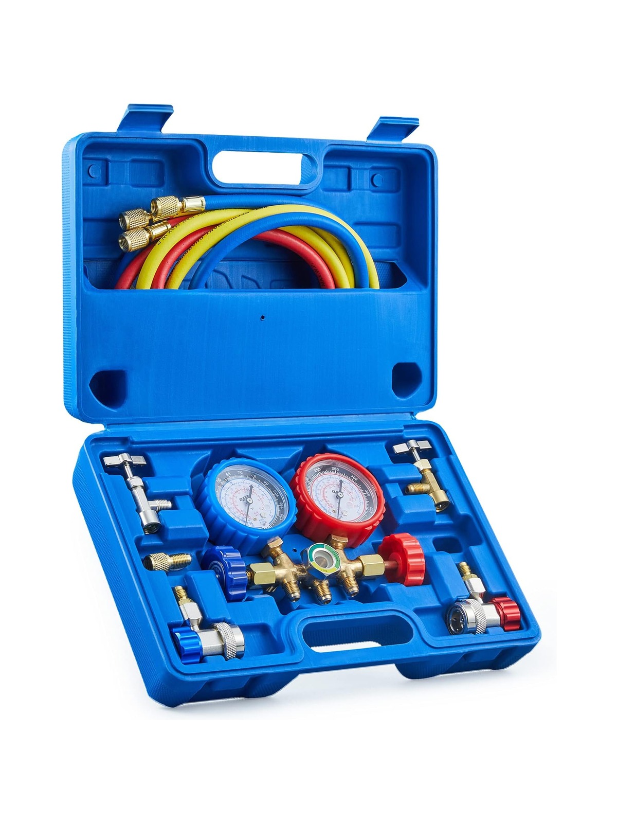 Orion Motor Tech Professional AC Diagnostic Manifold Hvac Gauge Set for R134A, R12, R22 R502 Refrigerants with Couplers and 1/4" male to 1/2" female ACME Adapter