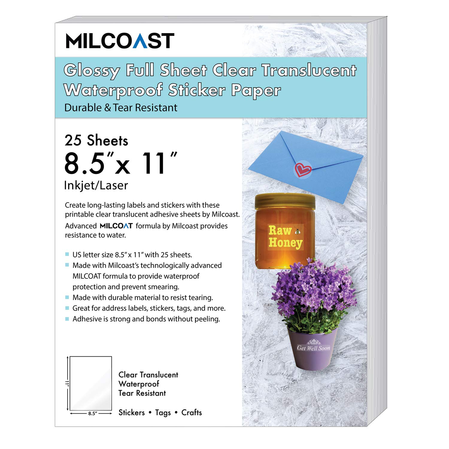 Milcoast Full Sheet 8.5" x 11" Shipping Sticker Paper Adhesive Labels Glossy Water Resistant for Laser or InkJet Printer (100 Full Sheet)