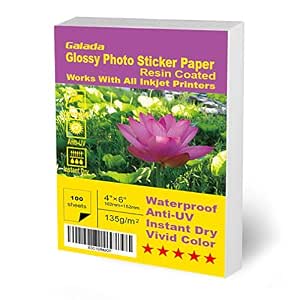 Galada Glossy Photo Sticker Paper 100 Sheets 4x6 Sticker Photo Paper High Glossy Vivid Color Waterproof Photographic Paper Works with All Inkjet Printers (Sticker 4 * 6 (100))