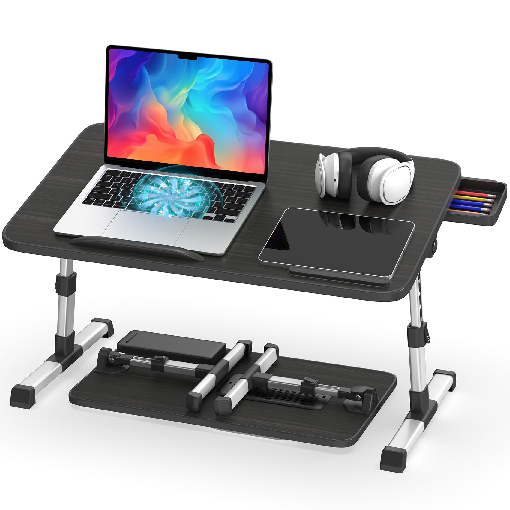 Folding Laptop Stand Desk 23.2" Adjustable Laptop Stand for Bed Foldable Laptop Table Portable with Cooling & Fan Mouse Pad Sofa Couch Tray for Tablet Notebook MacBook