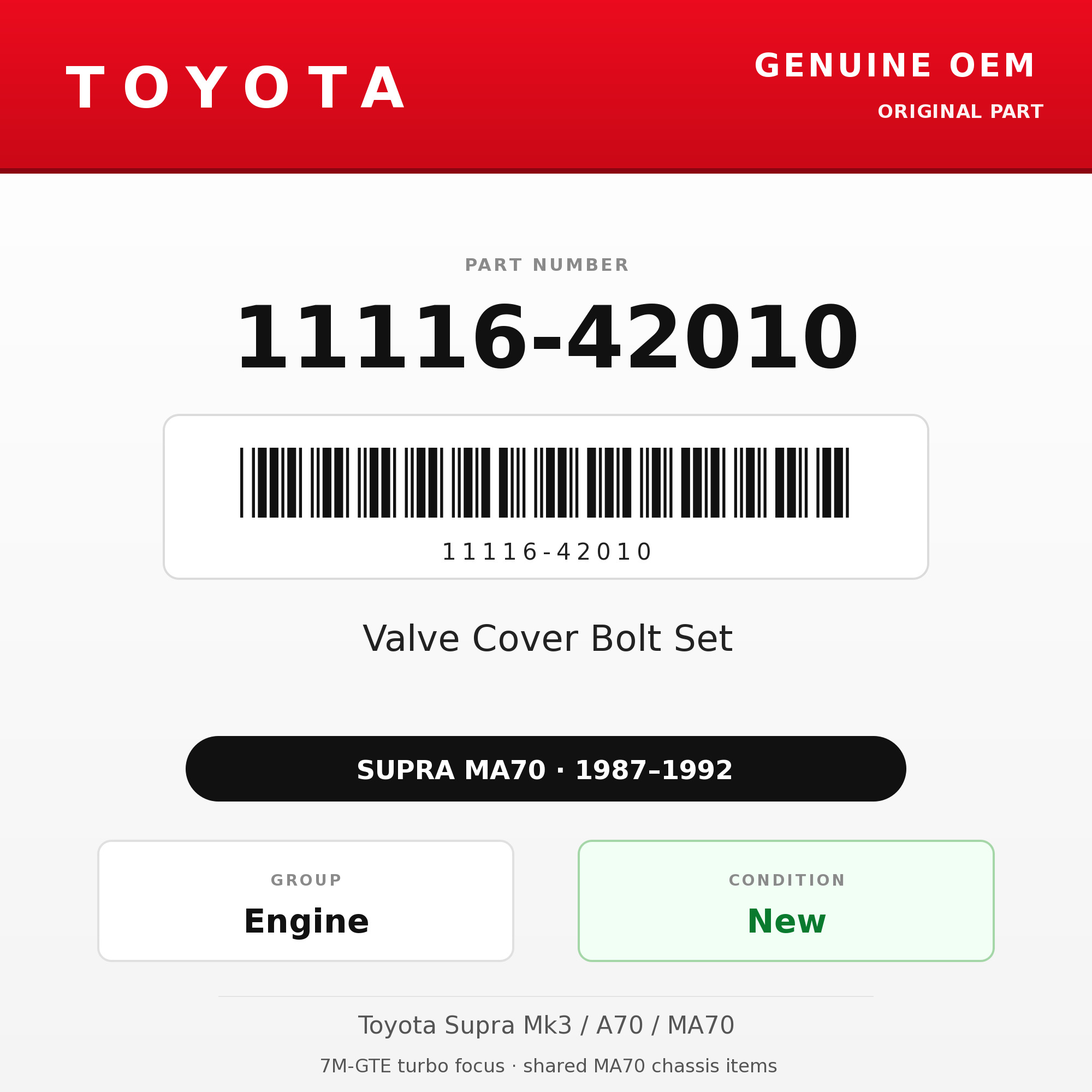 Genuine Toyota OEM 11116-42010 - Valve Cover Bolt Set 7M (87-92 Supra)