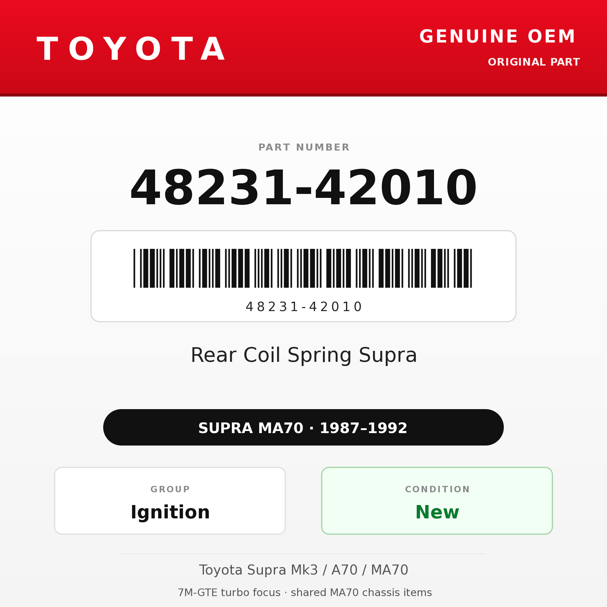 Genuine Toyota OEM 48231-42010 - 87-92 Rear Coil Spring Supra (87-92 Supra)