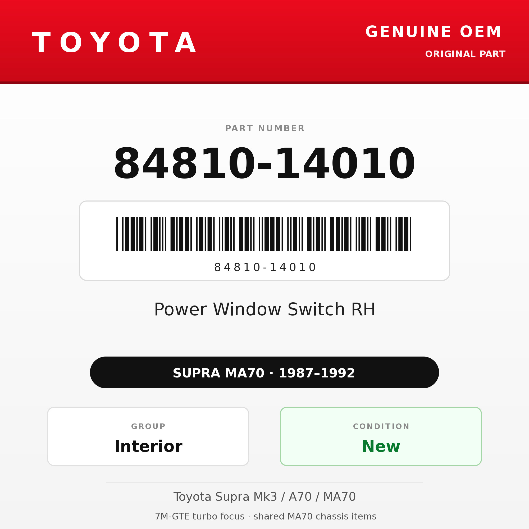 Genuine Toyota OEM 84810-14010 - Power Window Switch RH (87-92 Supra)