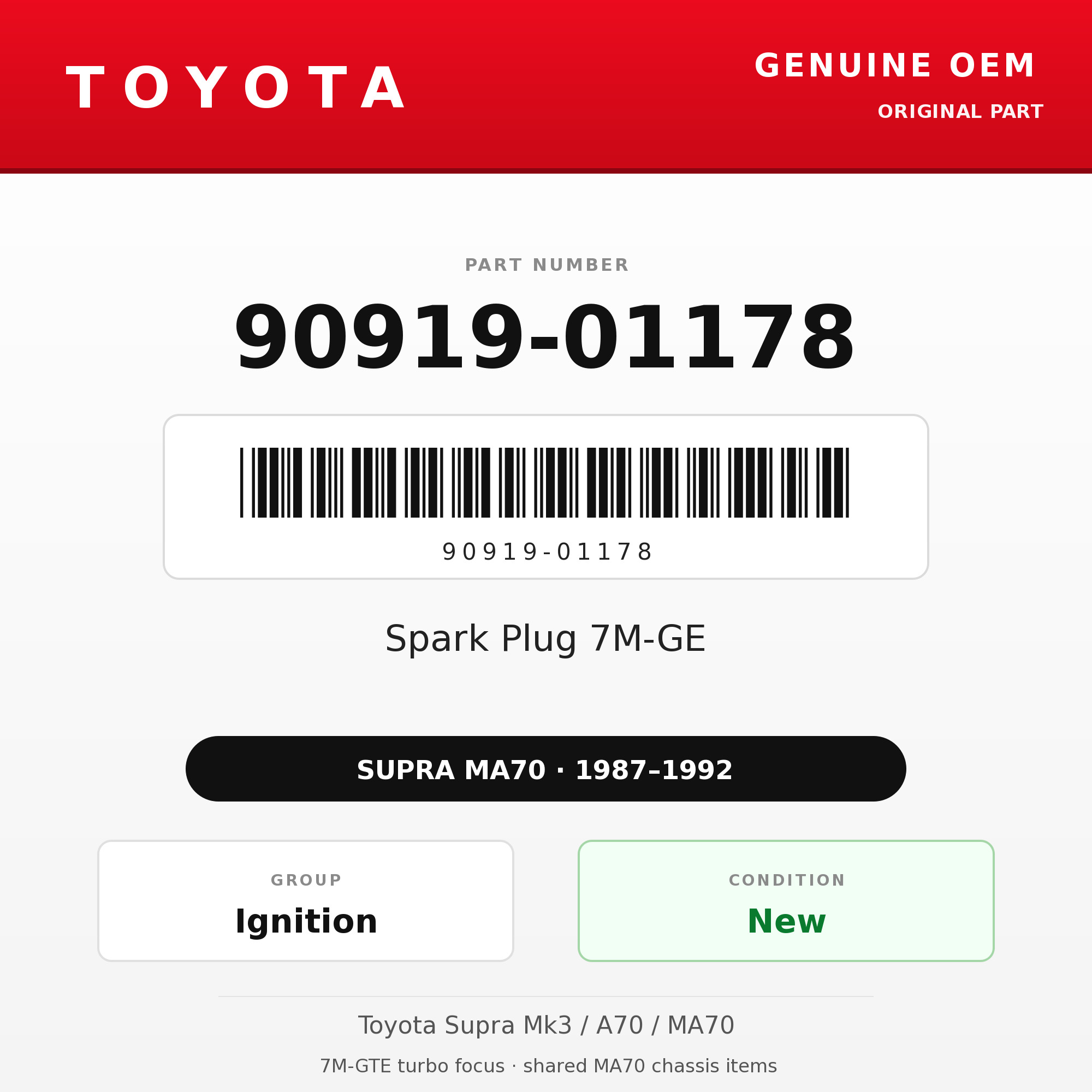 Genuine Toyota OEM 90919-01178 - Spark Plug 7M-GE (87-92 Supra)
