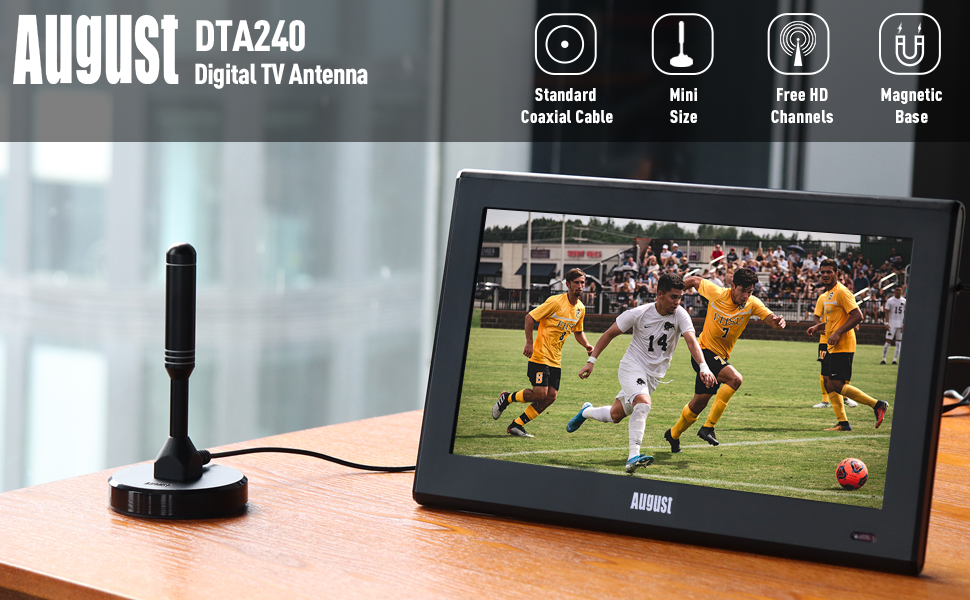 August DTA240 High Gain Digital TV Aerial - Portable Indoor/Outdoor Digital Antenna for USB TV Tuner / ATSC Television / DAB Radio - With Magnetic Base