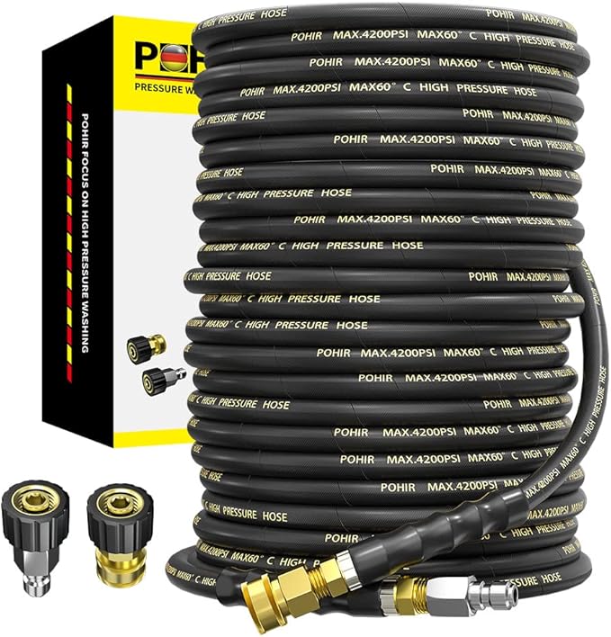 Power Washer Hose Hot Water 100FT 3/8'' High Tensile Wire Braided Car Wash Water Hose, with 2 Quick Connect Kits Compatible M22 14 mm, 1/4 Inch Hose for Pressure Washer, 4400 PSI