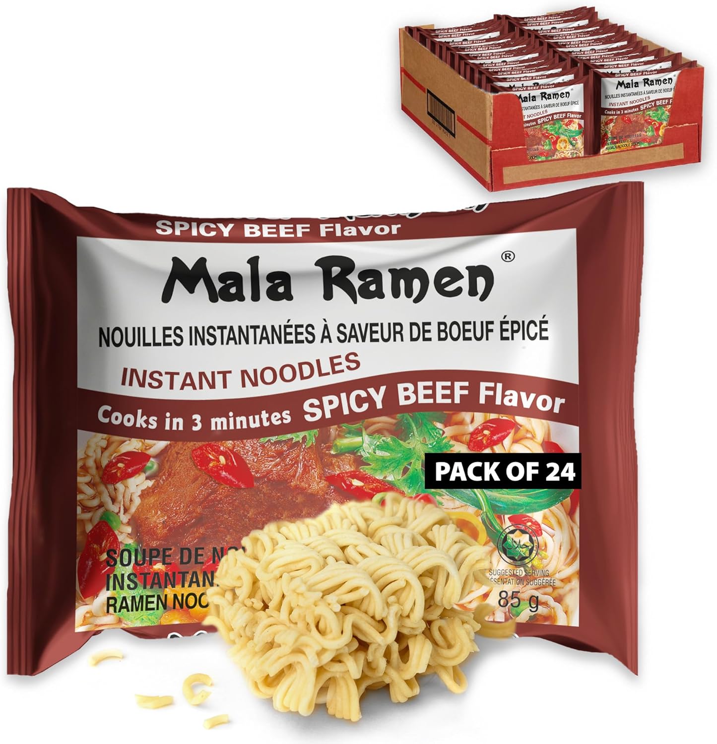 Mala Ramen Instant Noodle - Spicy Beef Noodles 85G (Case of 24) 2.04 Kg - Cooks in 3 Minutes