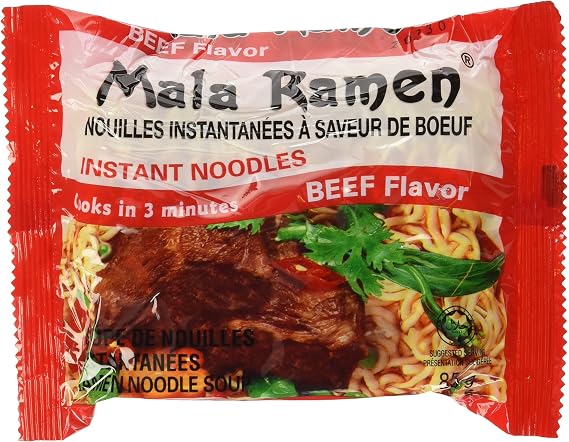Mala Ramen Instant Noodle - Beef Noodles 85G (Case of 24) 2.04 Kg - Cooks in 3 Minutes